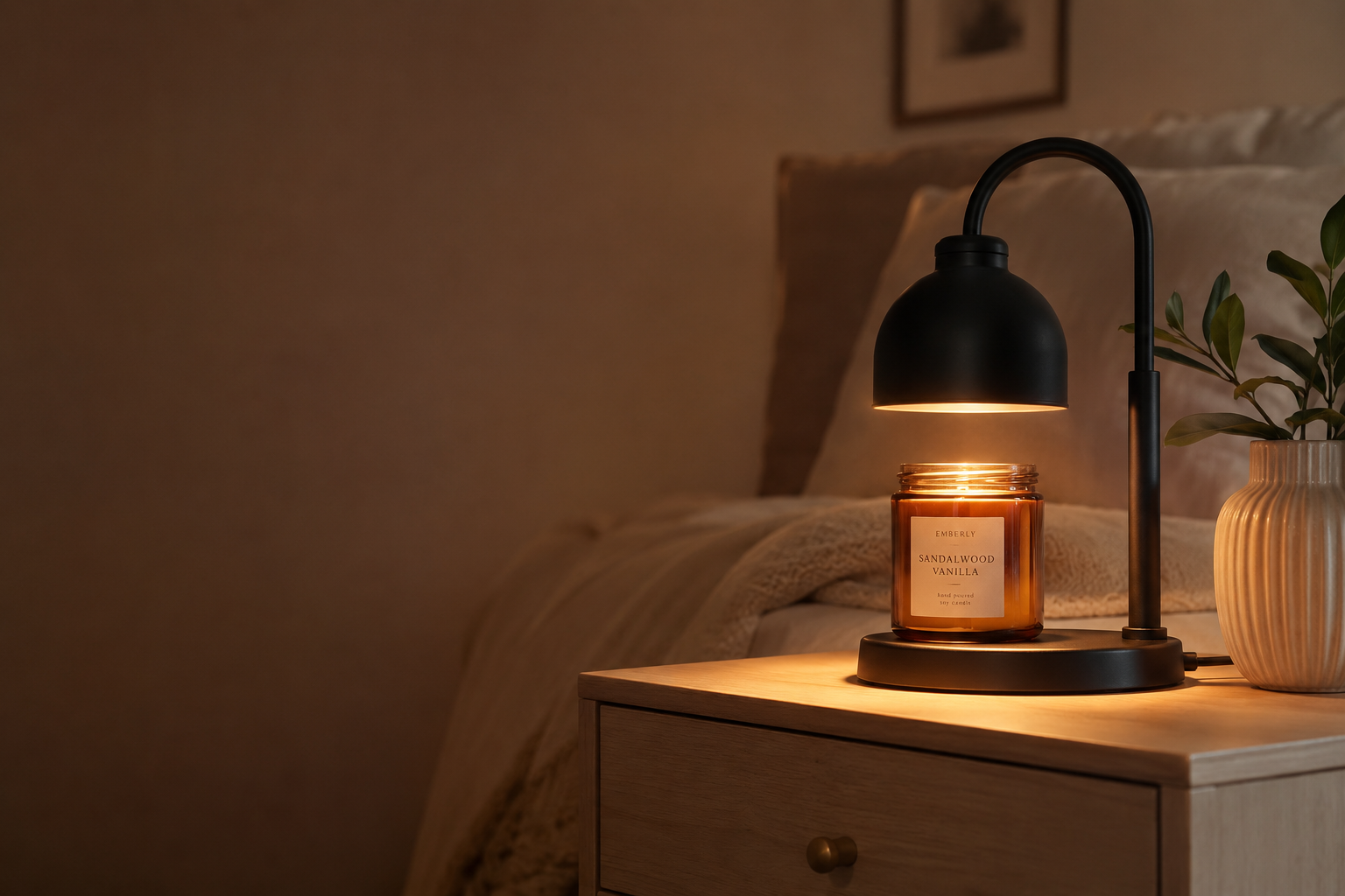 Emberly candle warmer lamp glowing over a candle on a cozy nightstand