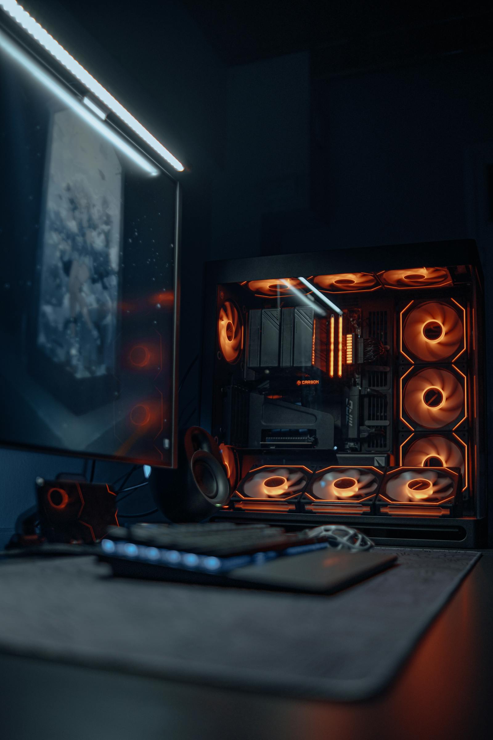 Gaming PC with glowing red RGB fans in a dark setup